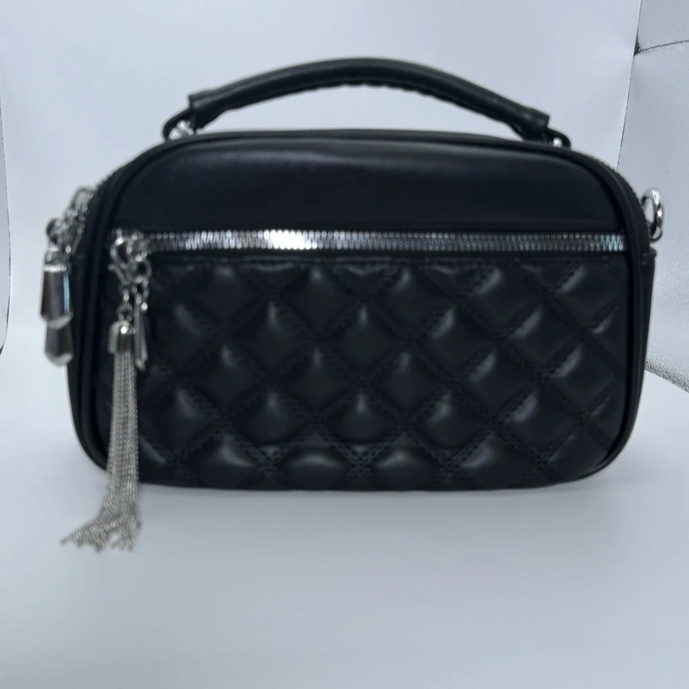 Black Quilted Crossbody Bag with Silver Tassel & Strap | Multi-Compartment